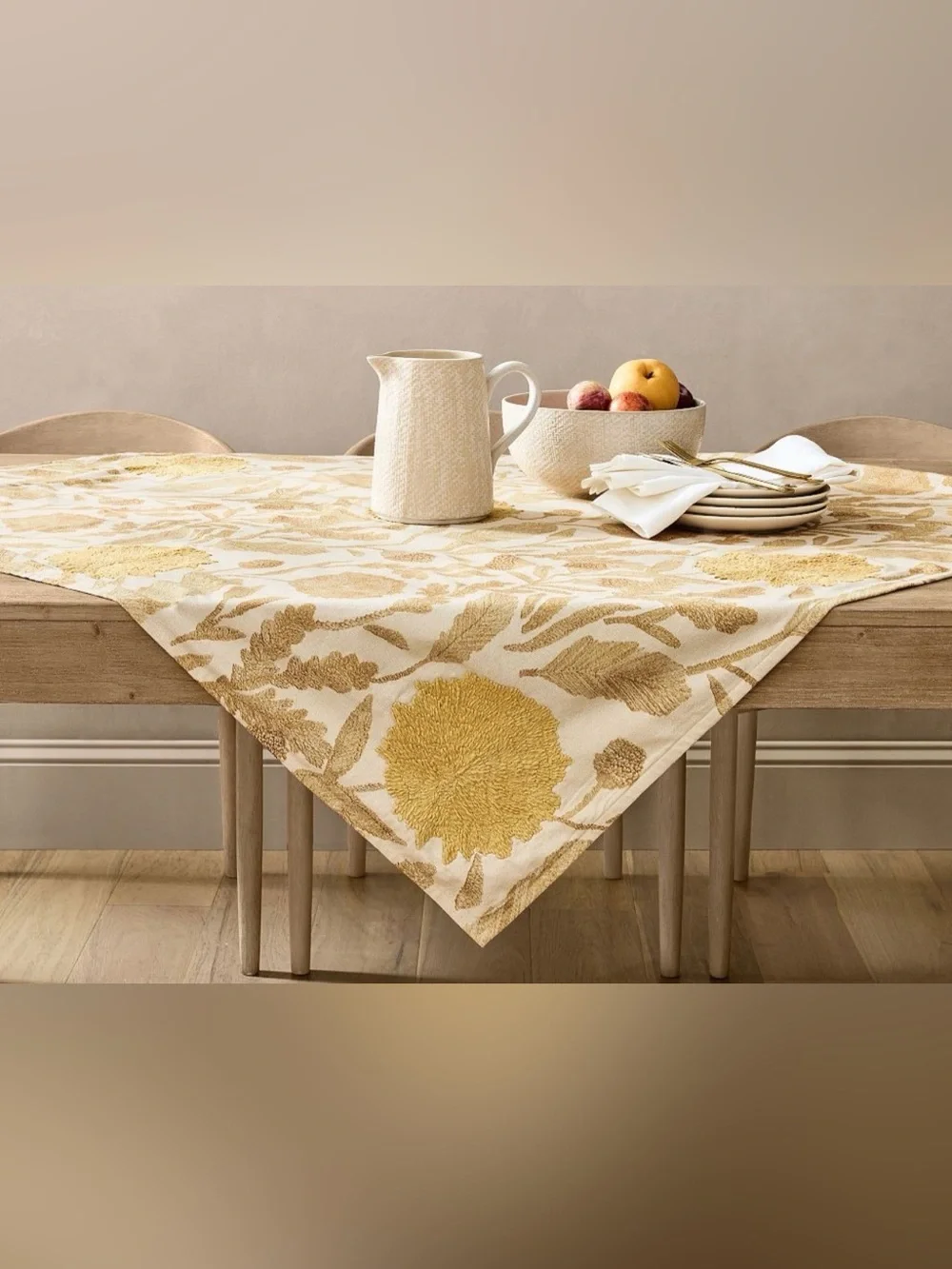 Pottery Barn Mayme Embroidered Table Throw & Mason Oversized Linen Gold Napkins